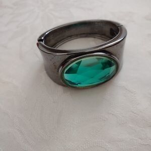 Wide Green Gemstone Metallic Hinge Cuff Bracelet